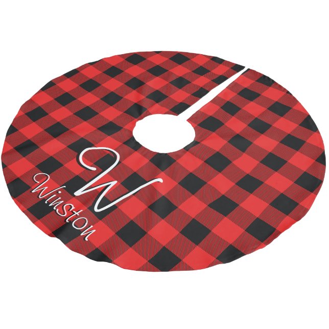 Buffalo Check Red Plaid Monogram Brushed Polyester Brushed Polyester Tree Skirt (Angled)