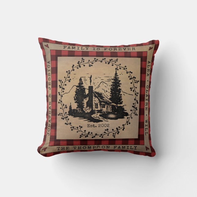 Buffalo Check Rustic Cabin Personalized Throw Pillow (Front)