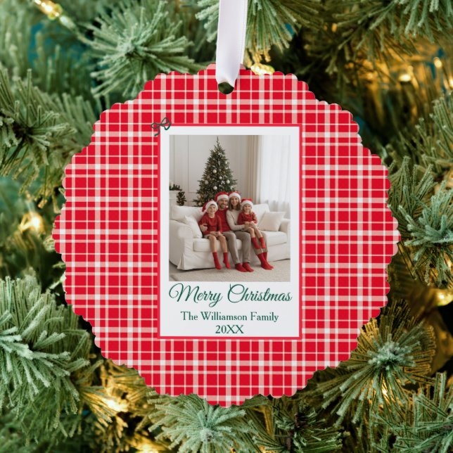 Buffalo Check Style Photo Frame Merry Christmas Ornament Card (Insitu (Tree))