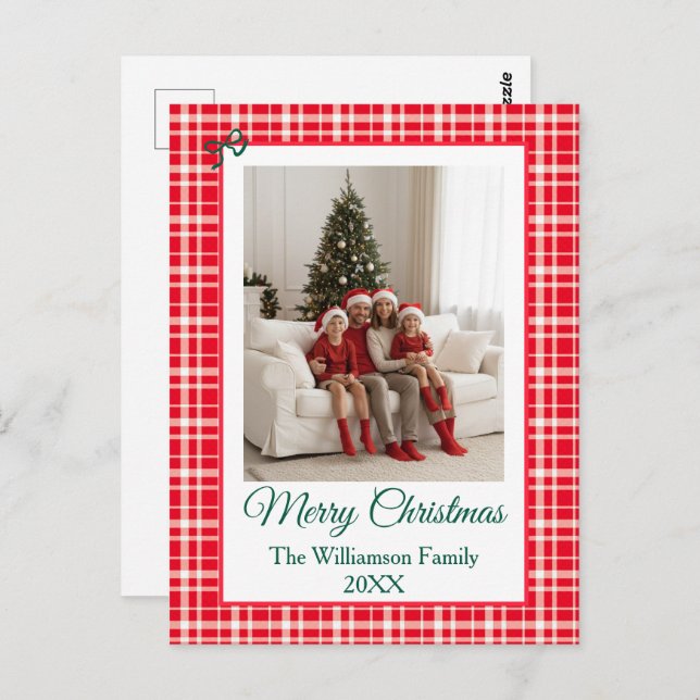 Buffalo Check Style Photo Frame Merry Christmas Postcard (Front/Back)