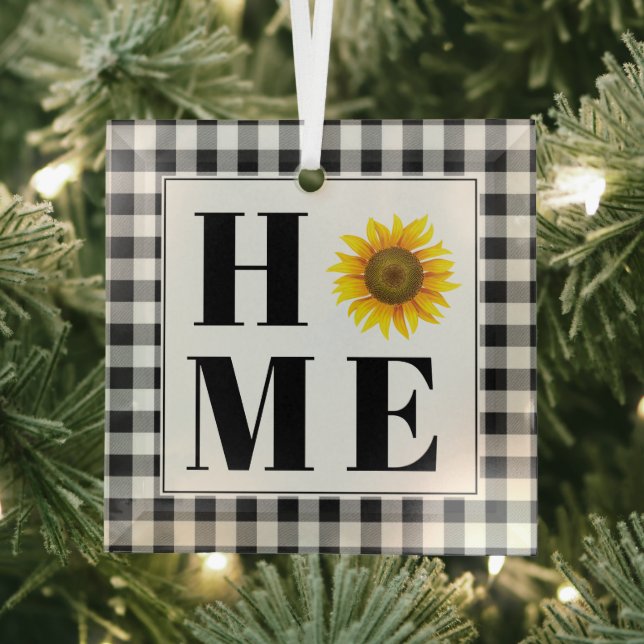 Buffalo check sunflower "Home"   Glass Ornament (Insitu)