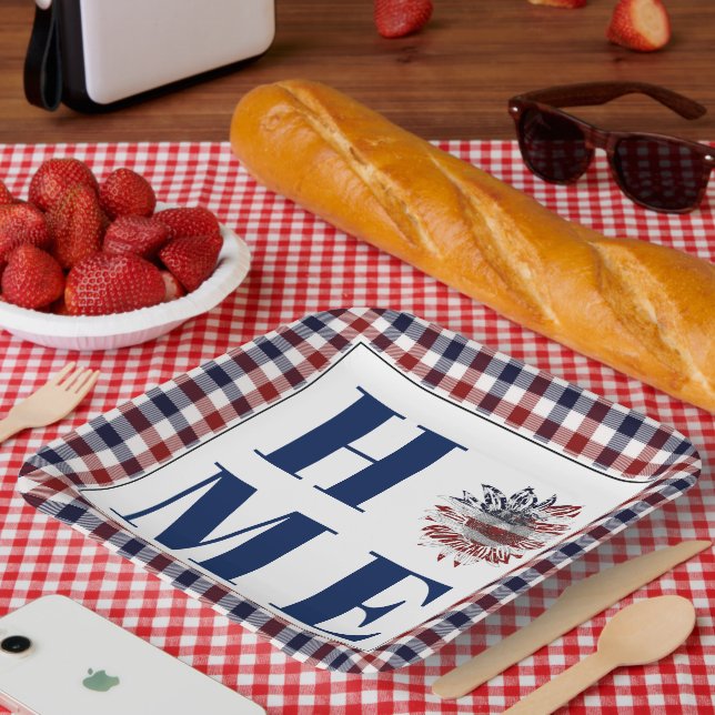 Buffalo check sunflower "Home"  Paper Plate (Picnic)