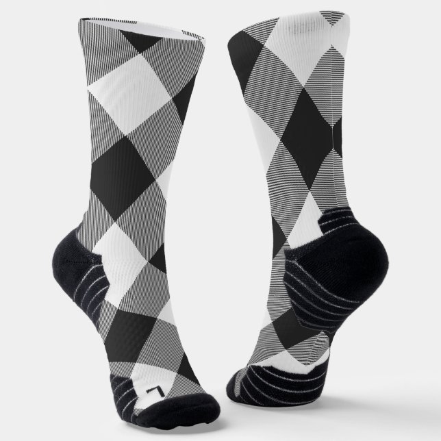 Buffalo Check White and Black Squares Plaid Socks (Angled)