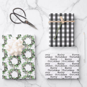 Buffalo Check Wreath Typewriter Text Christmas Wrapping Paper Sheet