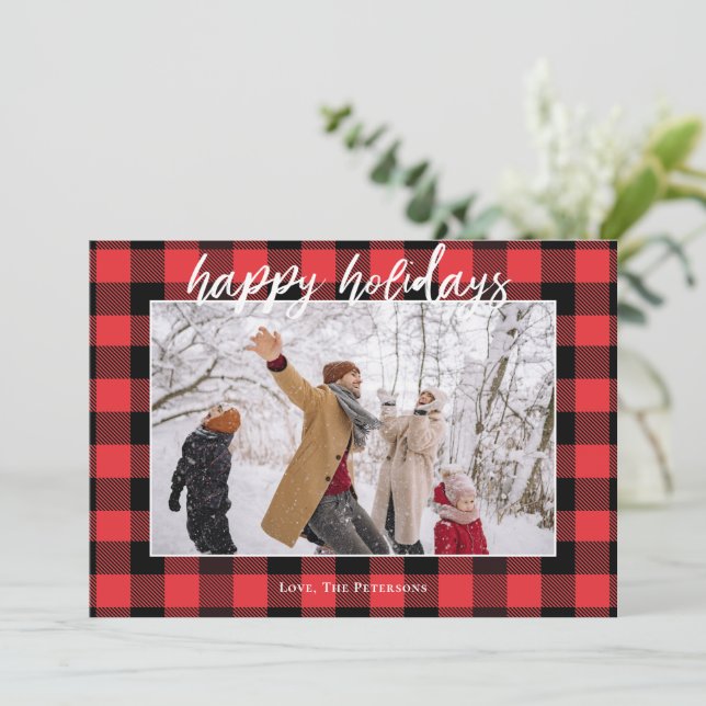 Buffalo Chequered Flannel Red Black Photo Happy Holiday Card (Standing Front)