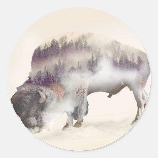 Buffalo-double exposure-american buffalo-landscape classic round sticker