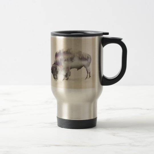 Buffalo-double exposure-american buffalo-landscape travel mug