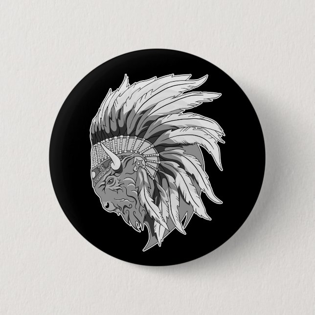 Buffalo Head With indian Headdress 2 Inch Round Button (Front)