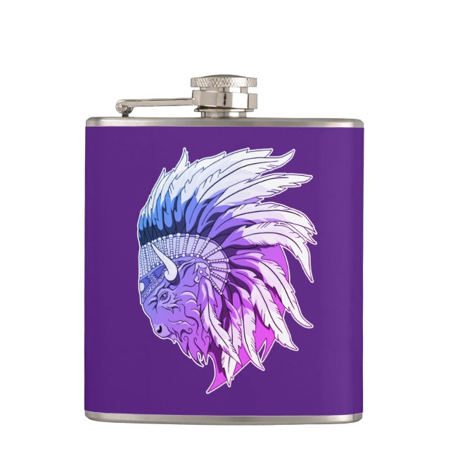 Buffalo Head With indian Headdress Hip Flask (Front)