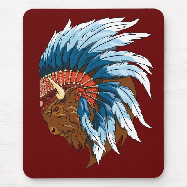Buffalo Head With indian Headdress Mouse Pad (Front)