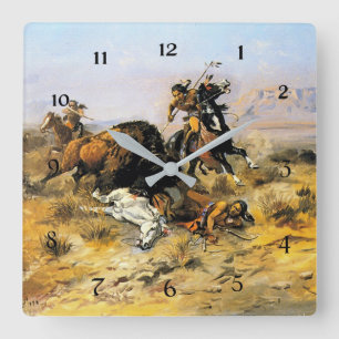 “Buffalo Hunt” Cowboy Art by Charles Russell Square Wall Clock