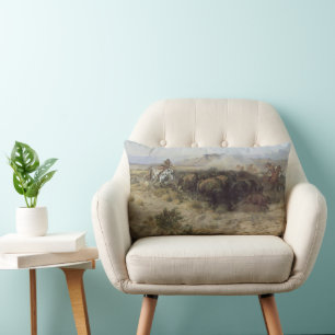 Buffalo Hunt No. 26 by CM Russell, Vintage Indians Lumbar Pillow