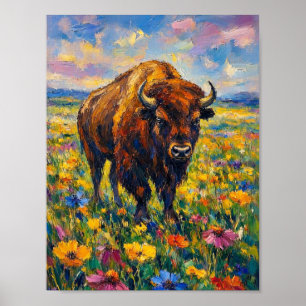 Buffalo in Wildflowers field Abstract art painting Poster