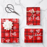 Buffalo Love Hearts Snowflakes Personalized Wrapping Paper Sheet<br><div class="desc">Introducing our festive Buffalo Love Hearts and Snowflakes Name Personalized Wrapping Paper Sheets, a perfect blend of style and holiday spirit! Embrace the warmth of the season with this unique red and black buffalo pattern adorned with charming white love hearts and snowflakes and your favourite people's name on it, for...</div>