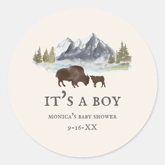 Buffalo Mountains Baby Shower Classic Round Sticker (Front)