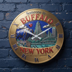 Buffalo New York Skyline Gold 3D Relief Emblem Large Clock