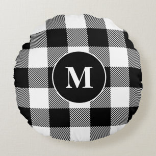 Buffalo Pattern Monogram Holiday Black and White Round Pillow