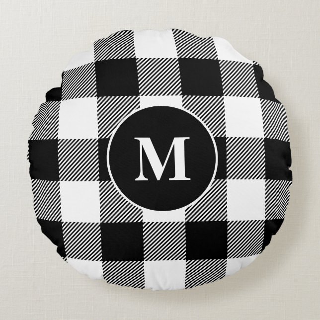 Buffalo Pattern Monogram Holiday Black and White Round Pillow (Front)