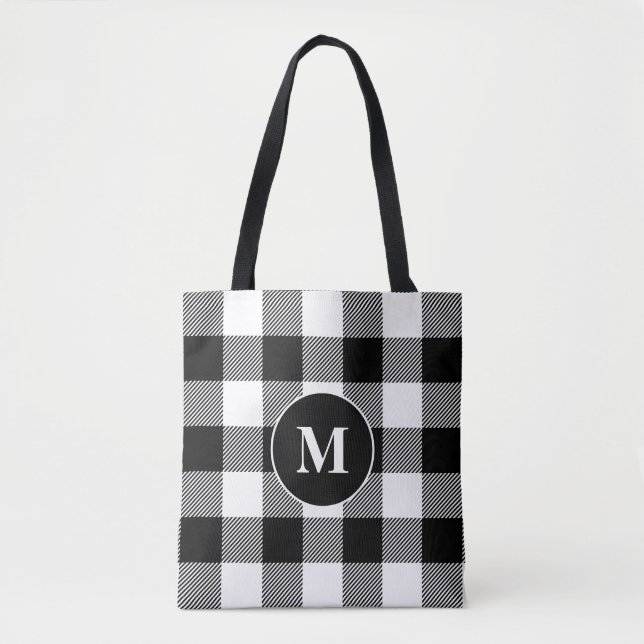 Buffalo Pattern Monogram Holiday Black and White Tote Bag (Front)