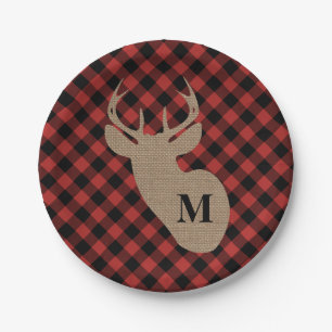 Buffalo Plaid and Burlap Monogram Deer Paper Plate