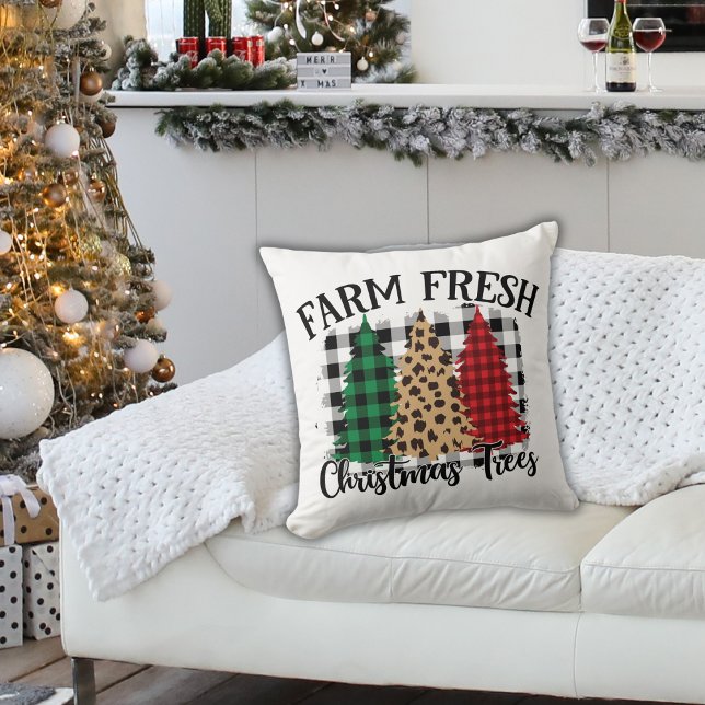 Buffalo Plaid and Leopard Print Chistmas Trees Throw Pillow (Creator Uploaded)
