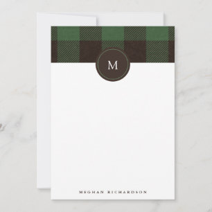Buffalo Plaid and Monogram   Green Stationery Card