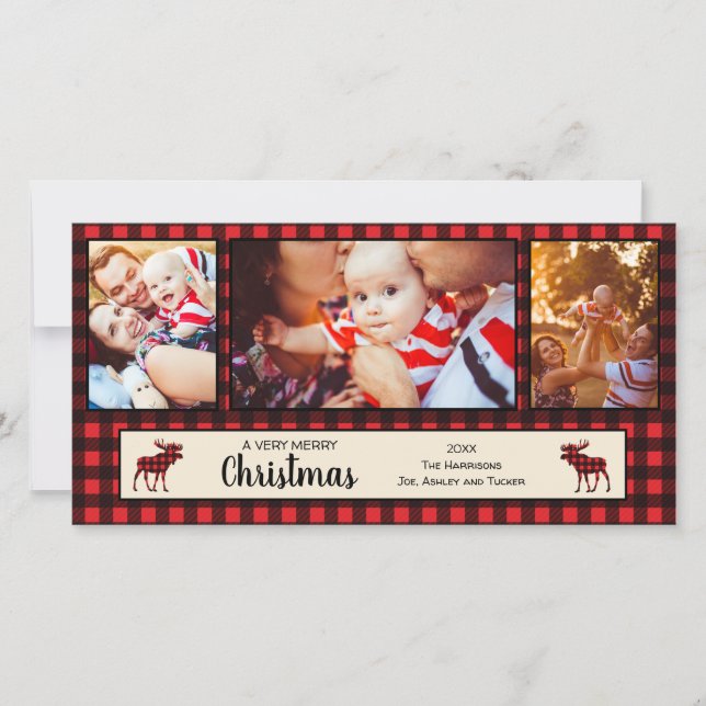 Buffalo Plaid and Moose Christmas Photo Card (Front)
