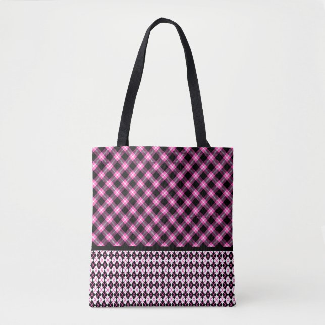 Buffalo Plaid & Argyle in Fuchsia & Black Tote Bag (Front)