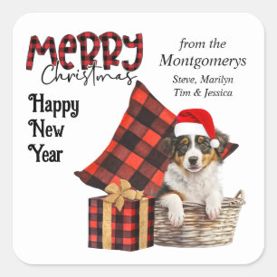 Buffalo Plaid Australian Shepherd Puppy Christmas Square Sticker