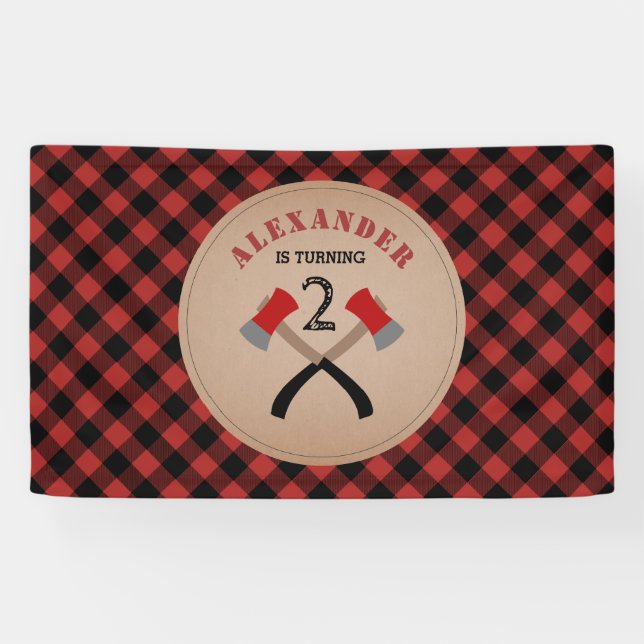 Buffalo Plaid Axe Lumberjack Birthday Banner (Horizontal)