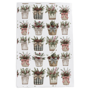 Buffalo Plaid Basket Farmhouse Christmas Medium Gift Bag