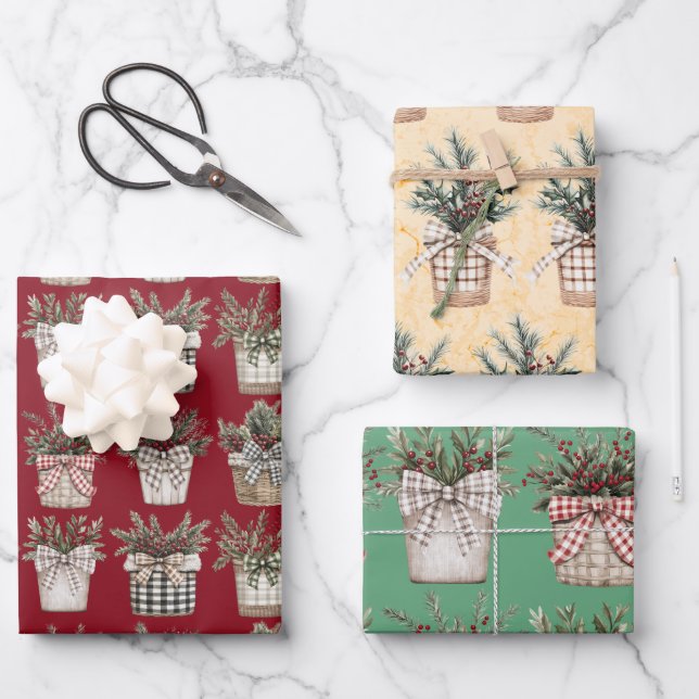 Buffalo Plaid Basket | Farmhouse Christmas   Wrapping Paper Sheet (Front)