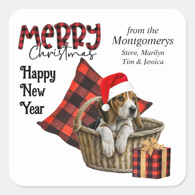 Buffalo Plaid Beagle Puppy Christmas Square Sticker (Front)