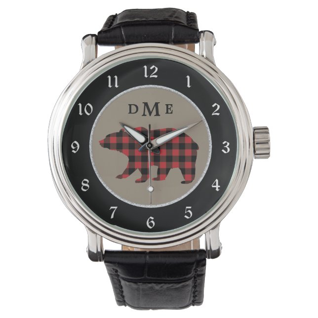 Buffalo Plaid Bear Monogram Watch (Front)