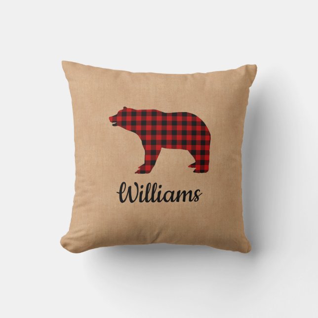 Buffalo Plaid Bear Personalized Burlap Throw Pillow (Front)