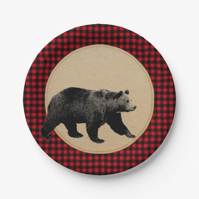 Buffalo Plaid Bear Rustic Cabin Paper Plate (Front)