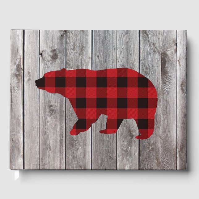 buffalo plaid bear wild one 1st birthday party guest book (Front)