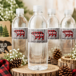 Buffalo Plaid Bear Wild One Boy 1st Birthday Party Water Bottle Label