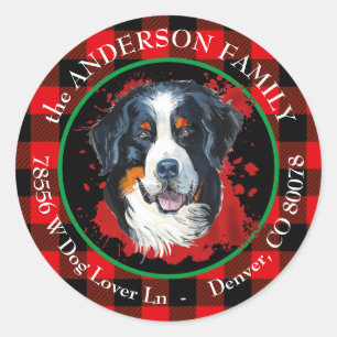 Buffalo Plaid Bernese Mountain Dog Return Address Classic Round Sticker