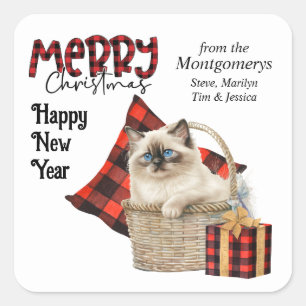 Buffalo Plaid Birman Kitten Christmas Square Sticker