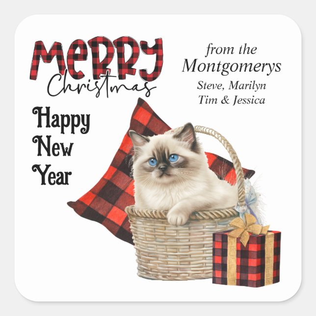 Buffalo Plaid Birman Kitten Christmas Square Sticker (Front)