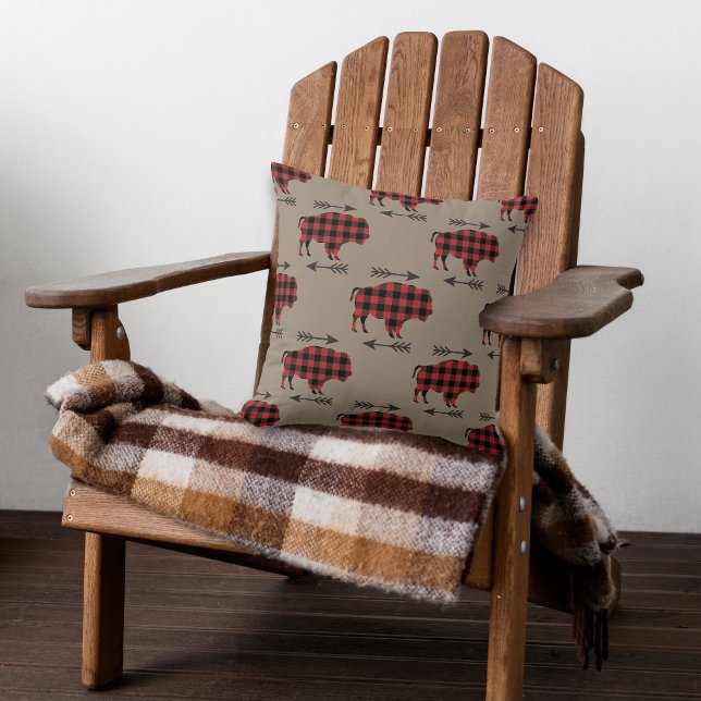 Buffalo Plaid Bison on Tan Reversible Throw Pillow (Creator Uploaded)