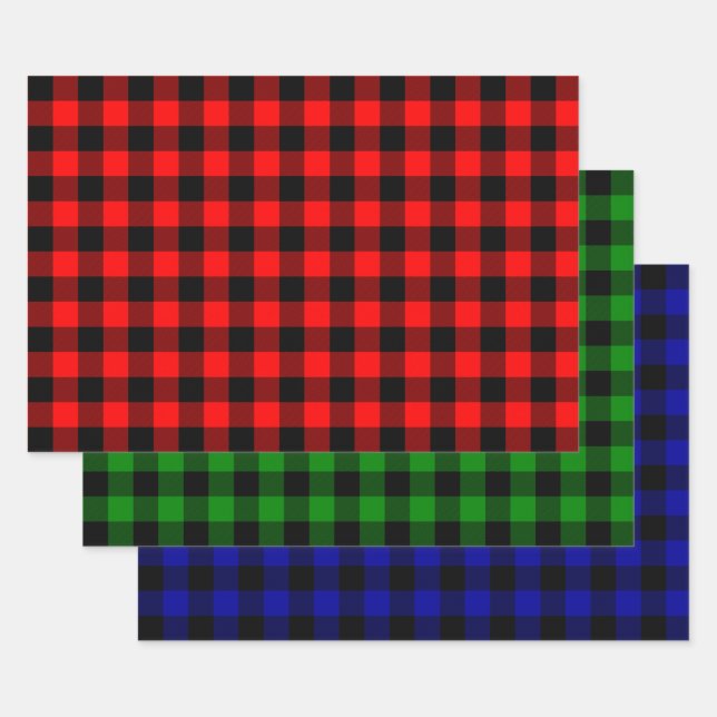 Buffalo Plaid Black and Red, Green and  Blue Wrapping Paper Sheet (Set)