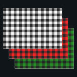 Buffalo Plaid Black and White, Red and Green Wrapping Paper Sheet<br><div class="desc">A wrapping paper sheet set with a buffalo plaid pattern in black on three background colours,  white,  red and green. Customize the background colours,  pattern sizes among other options.</div>