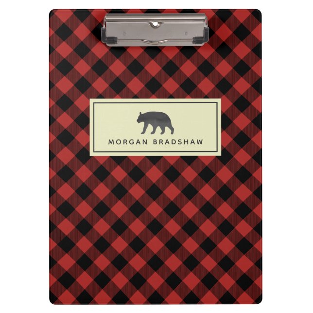 Buffalo Plaid Black Bear Personalized Clipboard (Front)