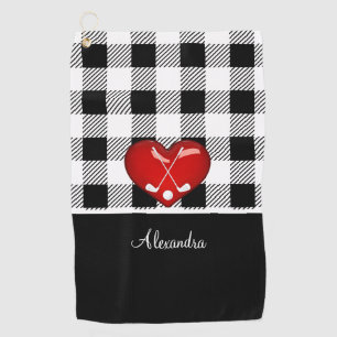  Buffalo Plaid Black white golf clubs red heart  Golf Towel