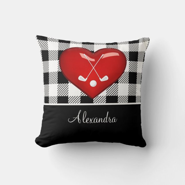  Buffalo Plaid Black White golf clubs red heart   Throw Pillow (Front)