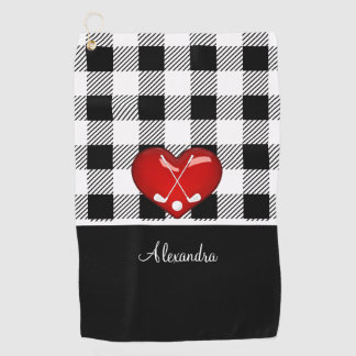 Buffalo Plaid Black white golf clubs red heart Towel
