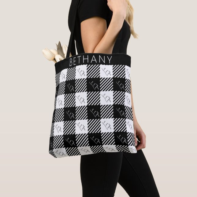 Buffalo Plaid Black White Live Love Laugh Checked Tote Bag (Close Up)