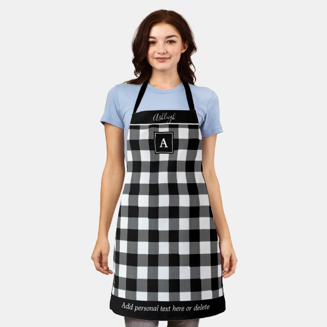 Buffalo Plaid Black White Monogram Script Name Apron (Worn)